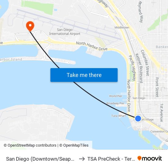 San Diego (Downtown/Seaport Village) to TSA PreCheck - Terminal 2 map