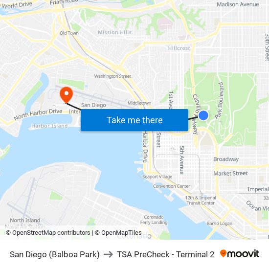 San Diego (Balboa Park) to TSA PreCheck - Terminal 2 map