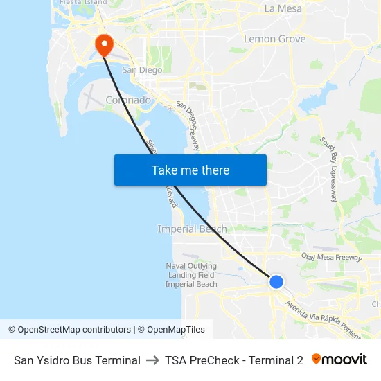 San Ysidro Bus Terminal to TSA PreCheck - Terminal 2 map