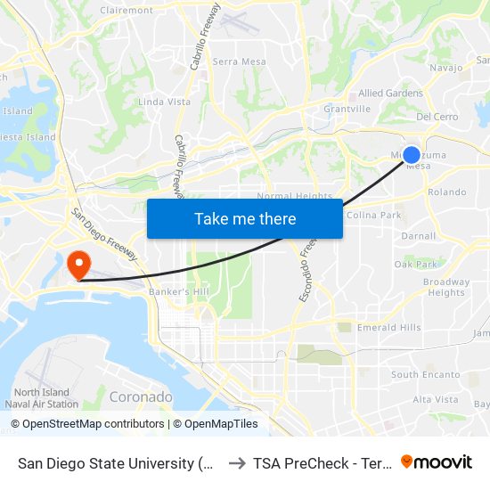 San Diego State University (Hardy Ave) to TSA PreCheck - Terminal 2 map