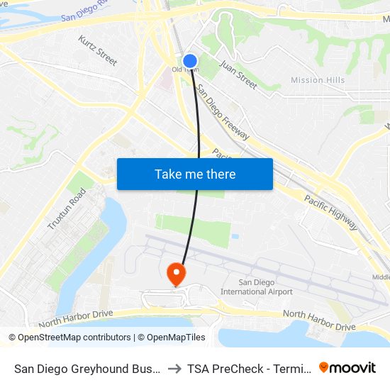 San Diego Greyhound Bus Stop to TSA PreCheck - Terminal 2 map