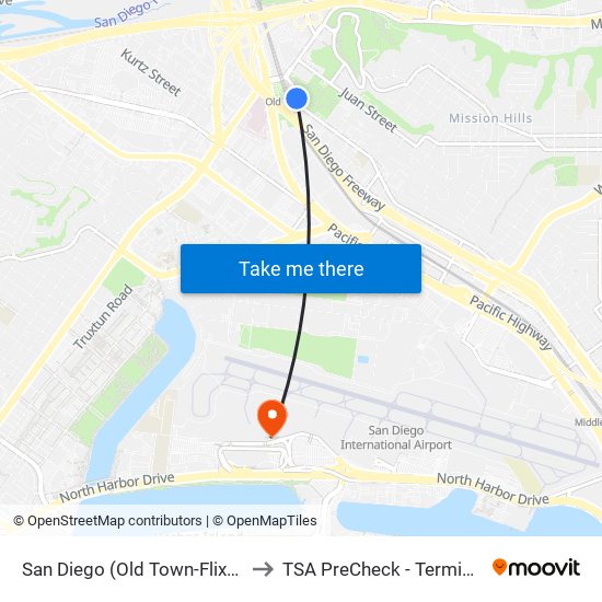 San Diego (Old Town-Flixbus) to TSA PreCheck - Terminal 2 map