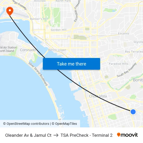 Oleander Av & Jamul Ct to TSA PreCheck - Terminal 2 map