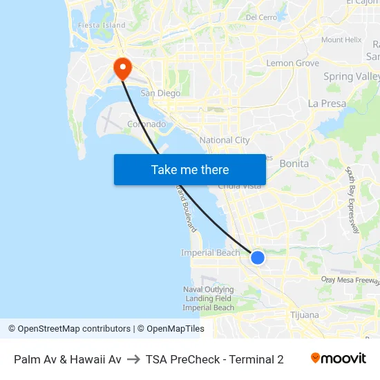 Palm Av & Hawaii Av to TSA PreCheck - Terminal 2 map