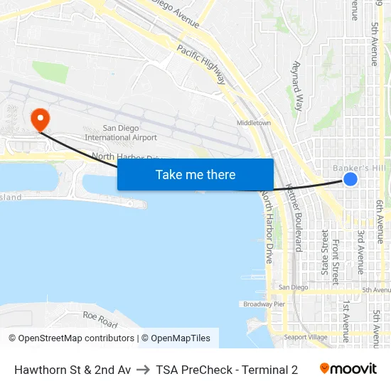 Hawthorn St & 2nd Av to TSA PreCheck - Terminal 2 map