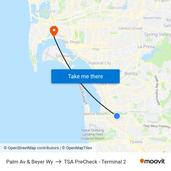 Palm Av & Beyer Wy to TSA PreCheck - Terminal 2 map