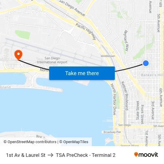 1st Av & Laurel St to TSA PreCheck - Terminal 2 map