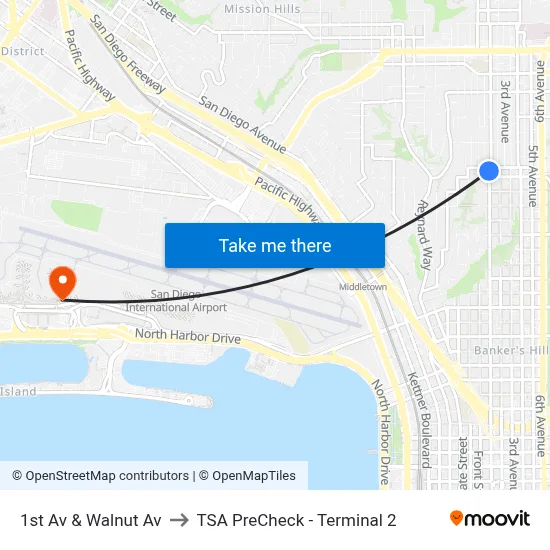 1st Av & Walnut Av to TSA PreCheck - Terminal 2 map