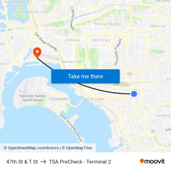 47th St & T St to TSA PreCheck - Terminal 2 map