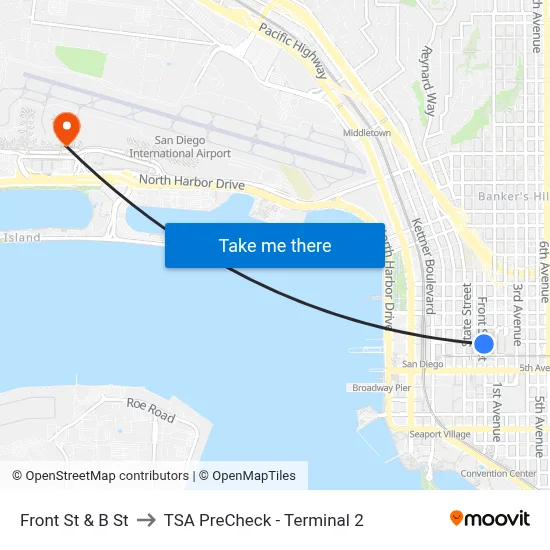 Front St & B St to TSA PreCheck - Terminal 2 map