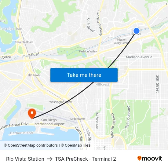 Rio Vista Station to TSA PreCheck - Terminal 2 map