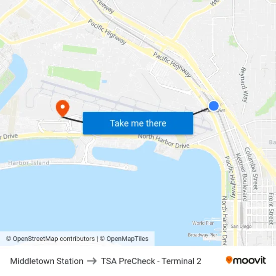 Middletown Station to TSA PreCheck - Terminal 2 map