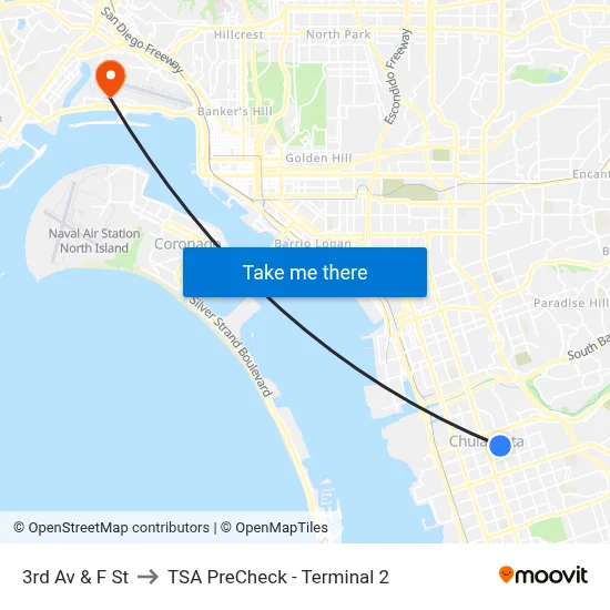 3rd Av & F St to TSA PreCheck - Terminal 2 map