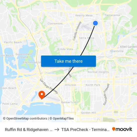 Ruffin Rd & Ridgehaven Ct to TSA PreCheck - Terminal 2 map