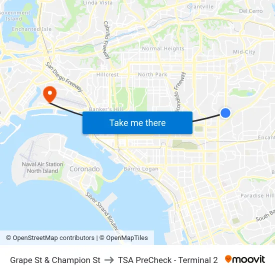 Grape St & Champion St to TSA PreCheck - Terminal 2 map