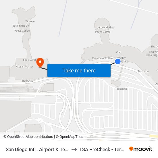 San Diego Int'L Airport & Terminal 1 to TSA PreCheck - Terminal 2 map