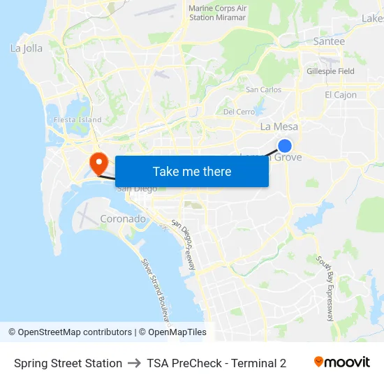 Spring Street Station to TSA PreCheck - Terminal 2 map