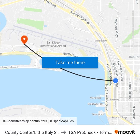 County Center/Little Italy Station to TSA PreCheck - Terminal 2 map