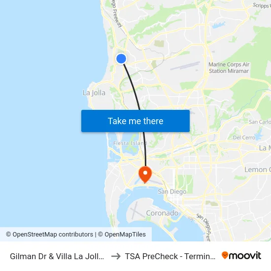 Gilman Dr & Villa La Jolla Dr to TSA PreCheck - Terminal 2 map