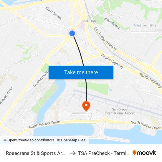 Rosecrans St & Sports Arena Bl to TSA PreCheck - Terminal 2 map