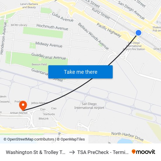 Washington St & Trolley Tracks to TSA PreCheck - Terminal 2 map