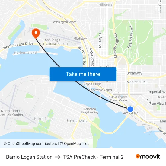 Barrio Logan Station to TSA PreCheck - Terminal 2 map