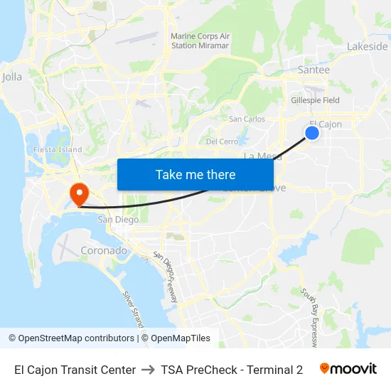 El Cajon Transit Center to TSA PreCheck - Terminal 2 map