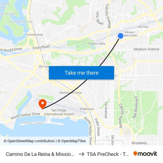 Camino De La Reina & Mission Valley West to TSA PreCheck - Terminal 2 map