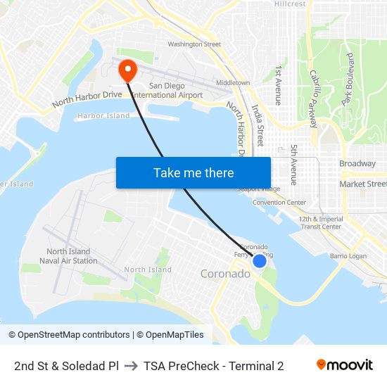 2nd St & Soledad Pl to TSA PreCheck - Terminal 2 map