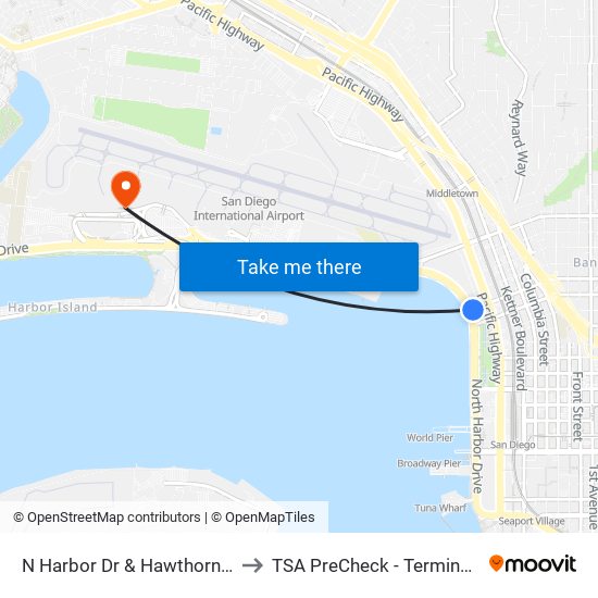 N Harbor Dr & Hawthorn St to TSA PreCheck - Terminal 2 map