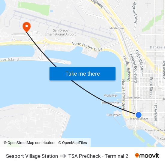 Seaport Village Station to TSA PreCheck - Terminal 2 map