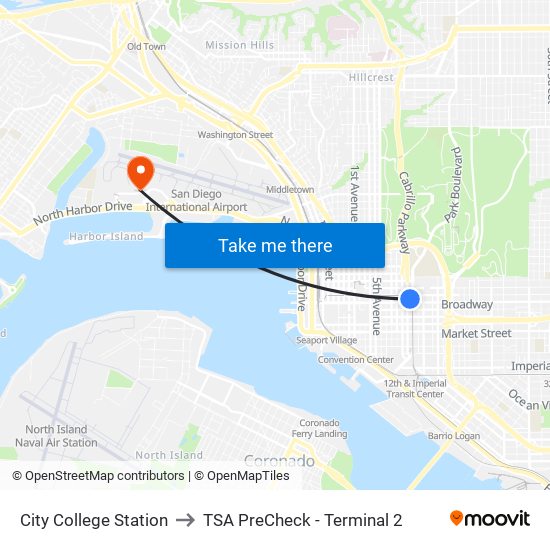 City College Station to TSA PreCheck - Terminal 2 map