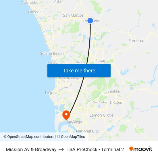 Mission Av & Broadway to TSA PreCheck - Terminal 2 map
