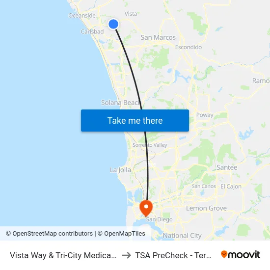 Vista Way & Tri-City Medical Center to TSA PreCheck - Terminal 2 map