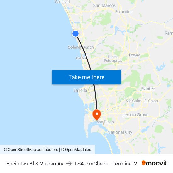 Encinitas Bl & Vulcan Av to TSA PreCheck - Terminal 2 map
