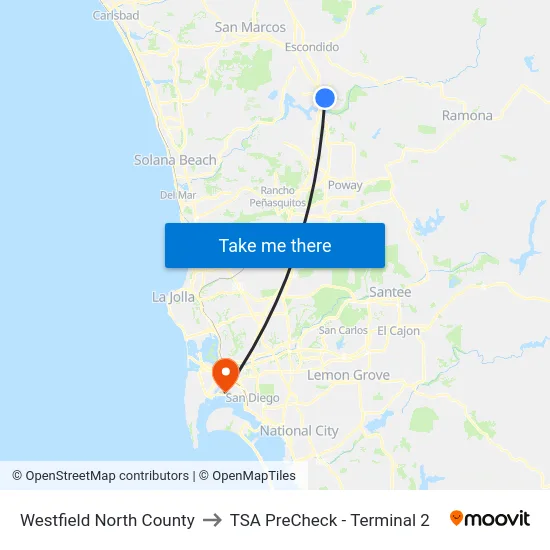 Westfield North County to TSA PreCheck - Terminal 2 map