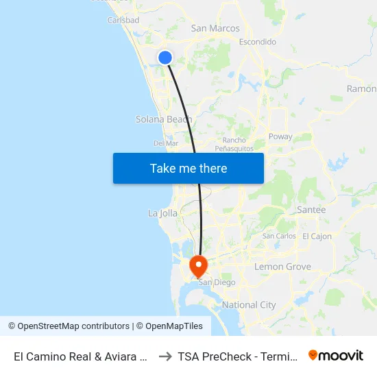 El Camino Real & Aviara Pkwy to TSA PreCheck - Terminal 2 map