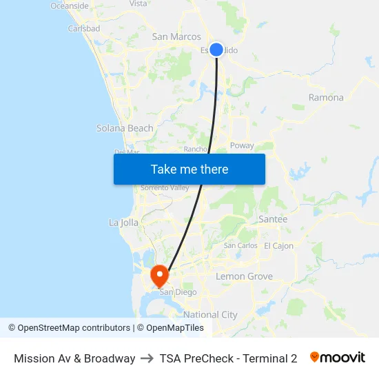 Mission Av & Broadway to TSA PreCheck - Terminal 2 map