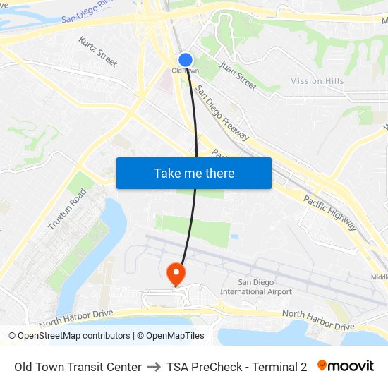 Old Town Transit Center to TSA PreCheck - Terminal 2 map