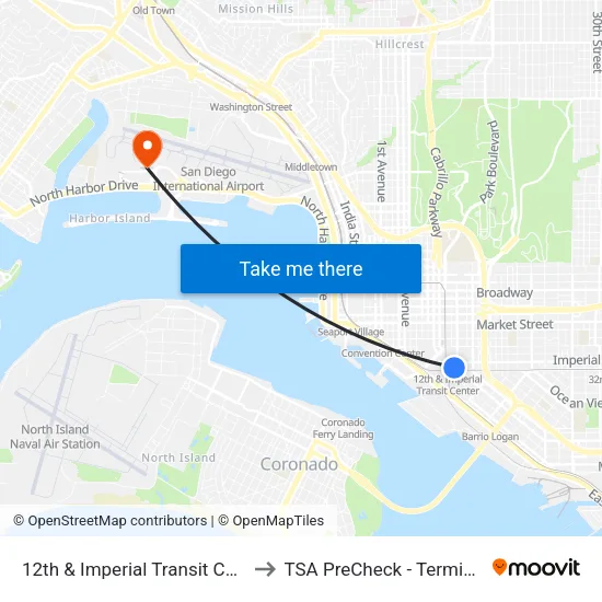 12th & Imperial Transit Center to TSA PreCheck - Terminal 2 map