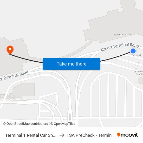 Terminal 1 Rental Car Shuttle to TSA PreCheck - Terminal 2 map