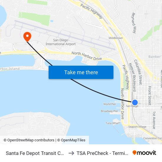 Santa Fe Depot Transit Center to TSA PreCheck - Terminal 2 map