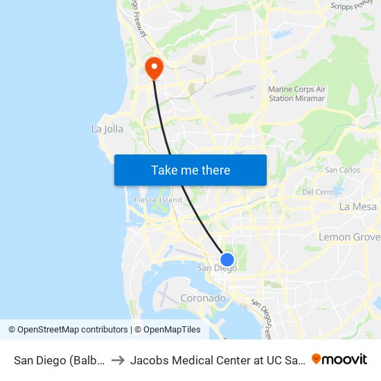 San Diego (Balboa Park) to Jacobs Medical Center at UC San Diego Health map