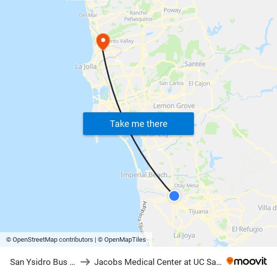 San Ysidro Bus Terminal to Jacobs Medical Center at UC San Diego Health map