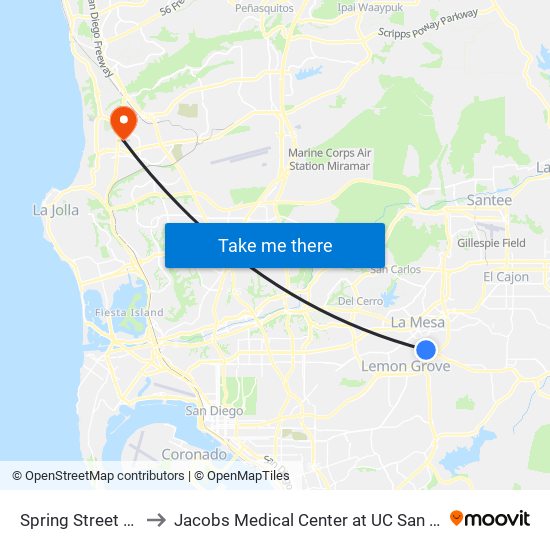 Spring Street Station to Jacobs Medical Center at UC San Diego Health map