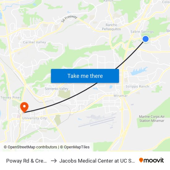 Poway Rd & Creekview Dr to Jacobs Medical Center at UC San Diego Health map