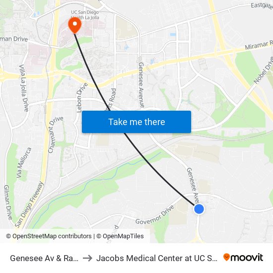 Genesee Av & Radcliffe Ln to Jacobs Medical Center at UC San Diego Health map