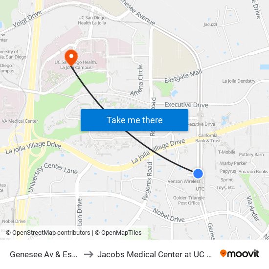 Genesee Av & Esplanade Ct to Jacobs Medical Center at UC San Diego Health map