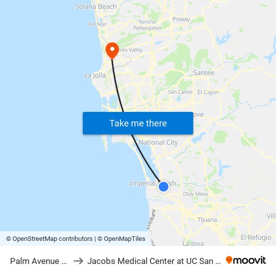 Palm Avenue Station to Jacobs Medical Center at UC San Diego Health map