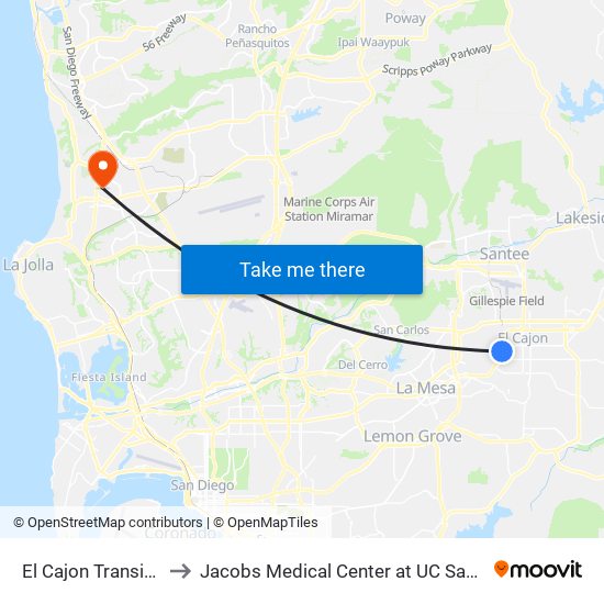 El Cajon Transit Center to Jacobs Medical Center at UC San Diego Health map